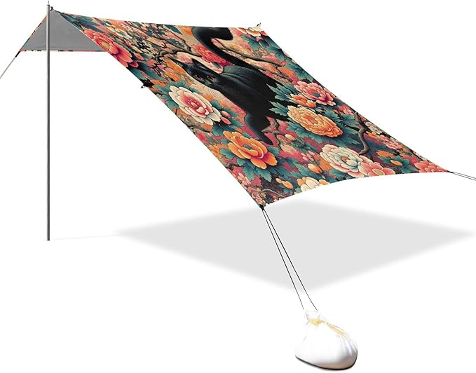 Black Cat and Japanese Flowers Beach Tent Sun Shelter Set UPF50+ UV Protection 10.5 x 9.19 FT Camping Shade Canopy with Sandbags Sand Anchors Carrying Bag and Others
