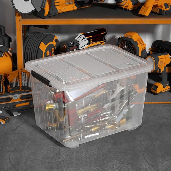 70 L Clear Storage Bin with Wheels Extra Large Plastic Latching Storage Box 4 Pack