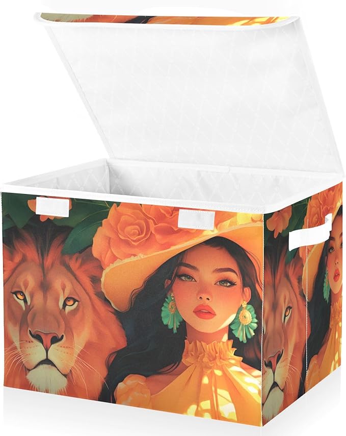Storage Cube with Lid Lion and Lady Print 16.5×12.6×11.8 IN Collapsible Large Capacity Foldable Storage Basket Bin Organizer