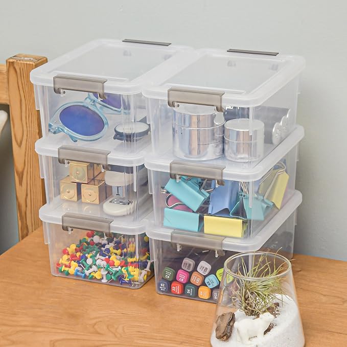 Anywish 8 Packs Small Storage Bins 1.3 QT Plastic Storage Container Stackable Box with Lids for Organizing Clear White