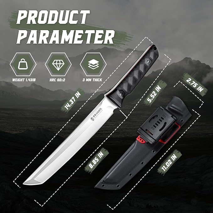 Dragon Creek Fixed Blade Knife - Outdoor Tactical Survival Knife with Sheath High-Carbon Steel Blade Full Tang Handle for Camping Hiking Christmas Thanksgiving Gift Men Red