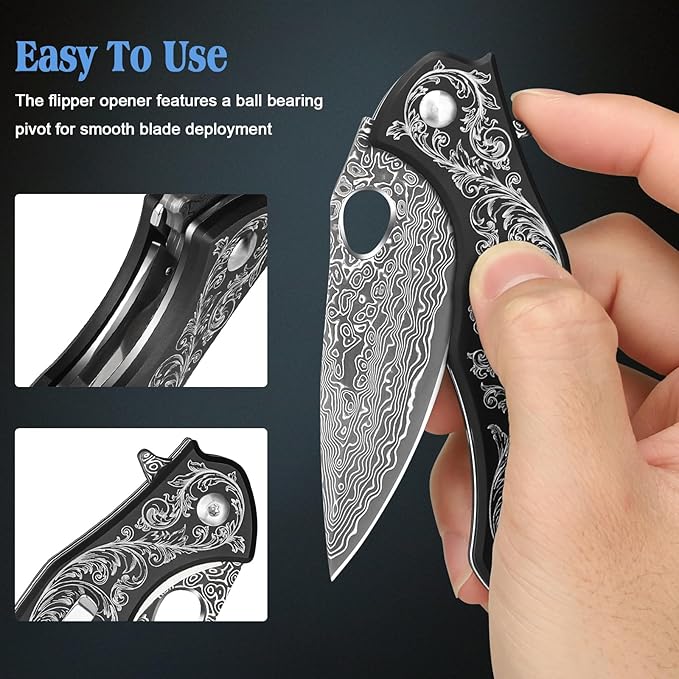 KOMWERO Damascus Pocket Knife with 2.95 VG10 Steel Blade Folding Knife with Aluminum Alloy Non-Slip Handle EDC Knife with Leather Sheath and Pocket Clip for Men Women Camping Survival Hiking