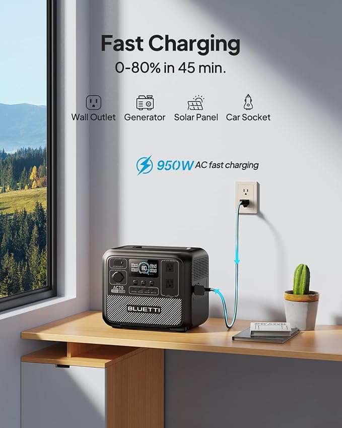 BLUETTI AC70 Solar Generator with 100W Solar Panel (Ships Separately) 768Wh Portable Power Station with 2 1000W (Power Lifting 2000W) AC Outlets 0-80% in 45 Min LFP Backup Power for Camping Trip
