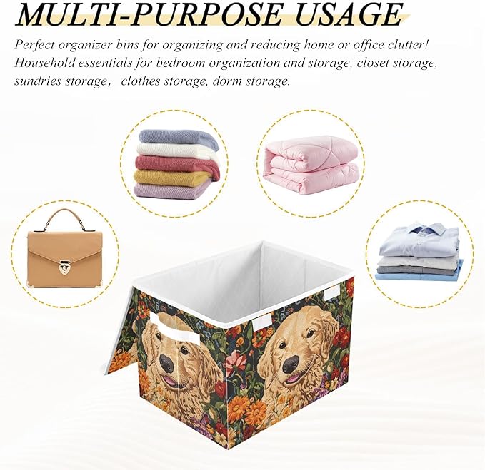 Storage Cube with Lid Labrador Floral Print 16.5×12.6×11.8 IN Collapsible Large Capacity Foldable Storage Basket Bin Organizer