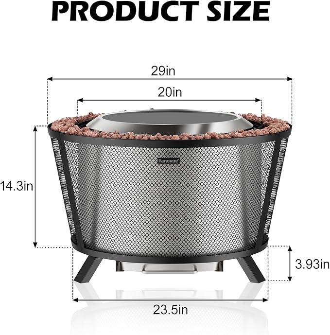 Panovue 29” Large Capacity Smokeless Fire Pit for OutsideHeavy‑Duty Wood Burning Firepit with Dual‑Wall Design Mesh Shield Pull‑Out Ash Pan Stylish Patio for Backyard Gatherings