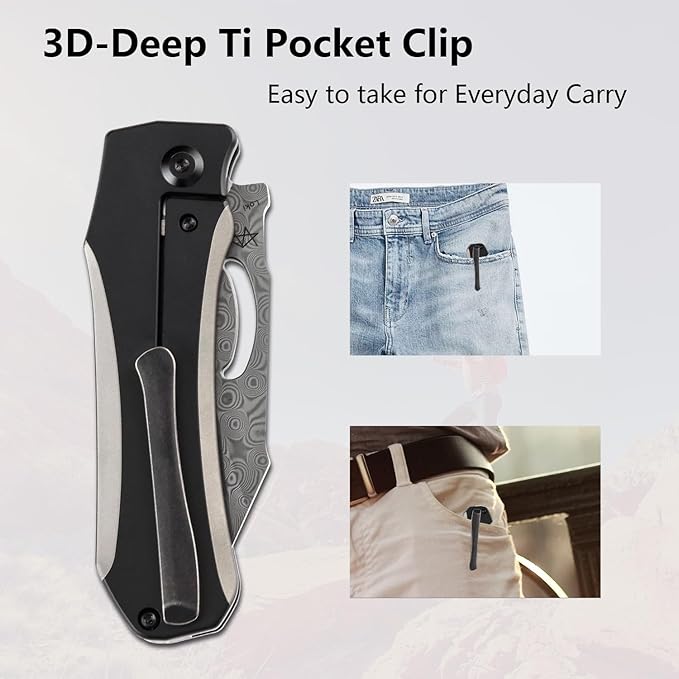 KANSEPT Loki Pocket Folding Knives for Men EDC Camping Folding Knife 2.99'' Damascus Blade Material Pocke Knife with Plain &amp Black Anodized Titanium Handle Everyday Carry K1058A3