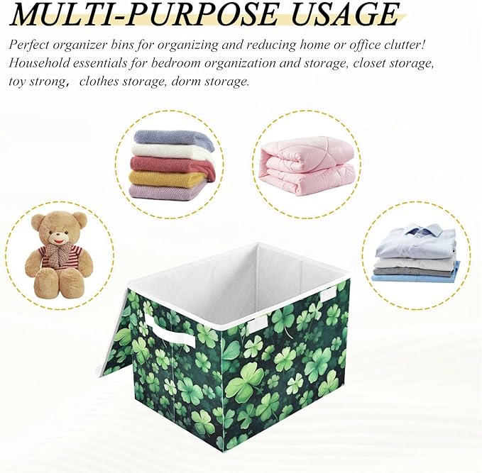 senya St. Patrick's Day Baskets Collapsible Storage Bins with Lids St Patricks Clover Leaves Storage Boxes Clothes Baskets for Organizing