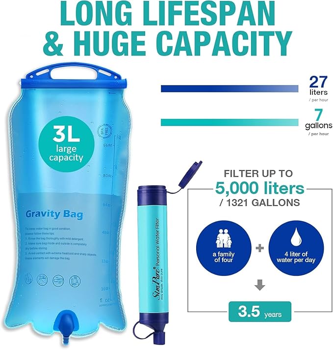 SimPure Gravity Water Filter Portable Gravity-Fed Water Purifier with 3L Bag Tree Strap BPA Free Survival Gear and Equipment for Camping Hiking Emergency Preparedness