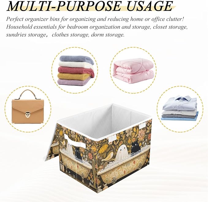 Halloween Ghost Cat Flowers Yellow Storage Box with Lid 1 PC Foldable Storage Bin with Lids Stackable Storage Bins Cube Closet Organizer Basket with Flip-Top Lid &amp Handles for Shoes Books Towels