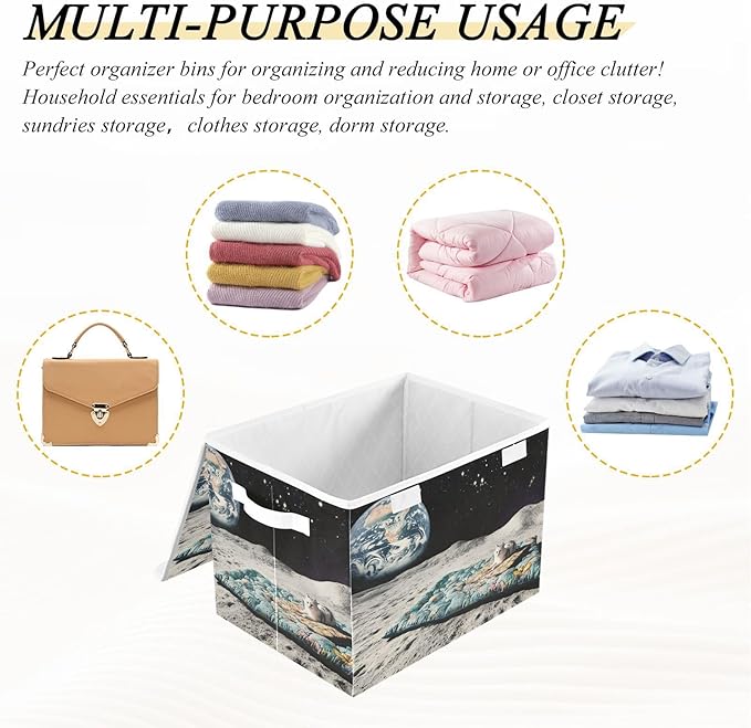 Storage Cube with Lid Cat on The Moon Print 16.5×12.6×11.8 IN Collapsible Large Capacity Foldable Storage Basket Bin Organizer