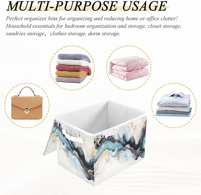 Storage Cube with Lid Teal Gold Marble Print 16.5×12.6×11.8 IN 1 Pack Collapsible Large Capacity Foldable Storage Basket Bin Organizer