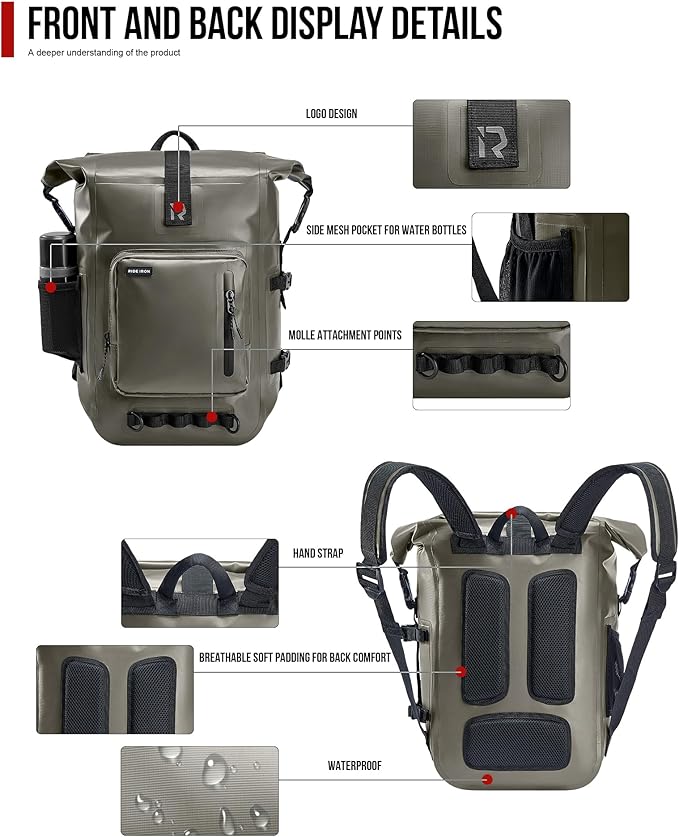 RIDEIRON Waterproof Backpack Motorcycle Dry Bag with Roll Top Closure for Kayaking Travel Surfing Boating Fishing Camping (Olive 35L)