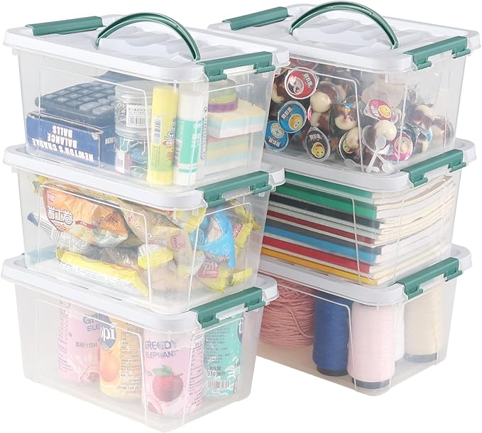 Rosebloom 6 Quart Plastic Latching Bins with Lid Small Clear Storage Organizer Boxes with Handle 6 Packs
