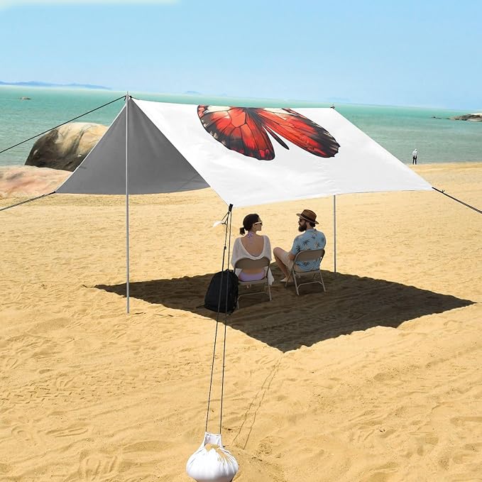 ALAZA Butterfly Blue &amp Red Beach Tent Sun Shelter UPF50+ Protection Beach Shade Canopy w/ 4 Sandbags for Outdoor Camping Fishing Backyard Fun Picnic 10x9 ft