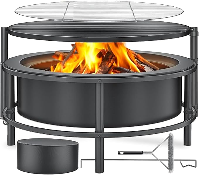 Fire Pits for Outside Wood Burning Large Outdoor Fire Pit Stove with Roating Table and BBQ Grill Cold Finished Steel Round Firepit Bowl with Poker Waterproof Cover Grill Brush