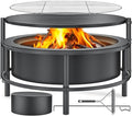 Fire Pits for Outside Wood Burning Large Outdoor Fire Pit Stove with Roating Table and BBQ Grill Cold Finished Steel Round Firepit Bowl with Poker Waterproof Cover Grill Brush