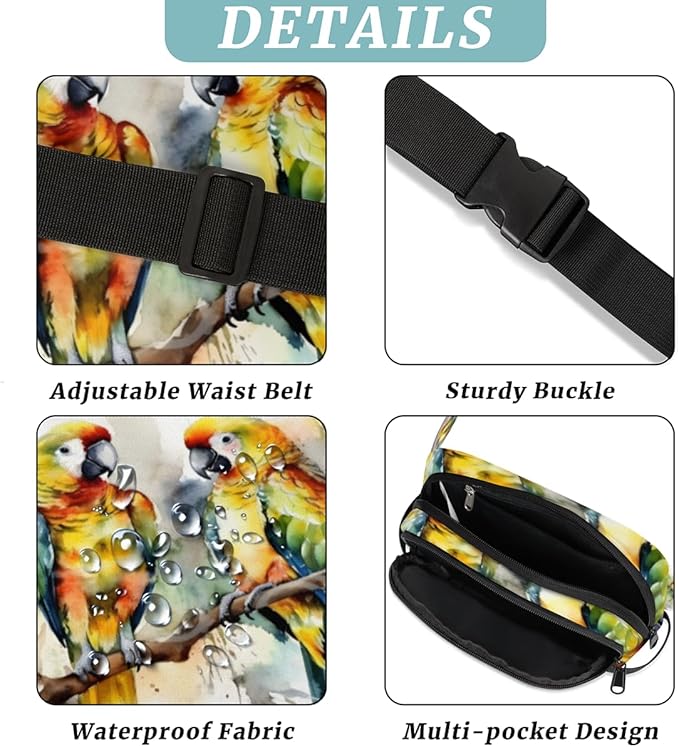 Watercolor Bird Tree Branch Waterproof Fanny Pack for Women Men Adjustable Waist Bag with Double Zipper Pockets Lightweight Square Hip Pack for Running Travel Hiking Workout Cycling