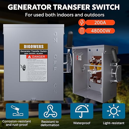 Upgraded 200 Amp Generator Transfer Switch Manual Transfer Switch 2 Pole 4 Wires 120/240-Volt 48000-Watt General-Duty Double Throw Safety Switch Heavy Duty Safety Switch (200A-2P)