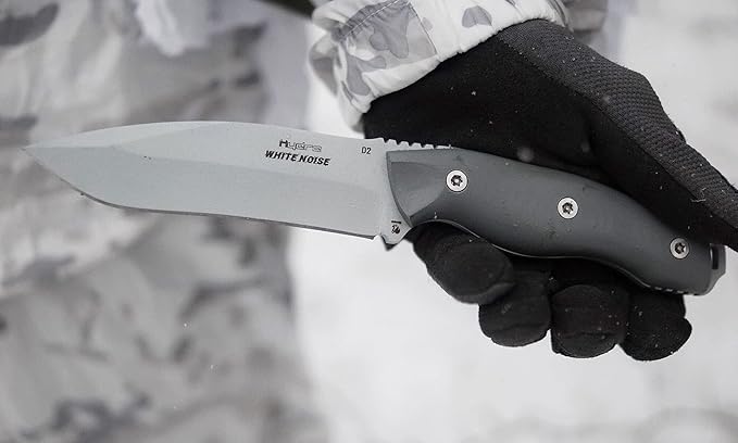 Hydra Knives WHITE NOISE Knife. 5.12 Full Tang Fixed Blade. Drop Point Shape with Böhler K110 (D2) Steel 58-60 HRC. CNC G10 Grey Handle. Kydex Black Sheath. Hunting Tactical Bushcraft Outdoor and