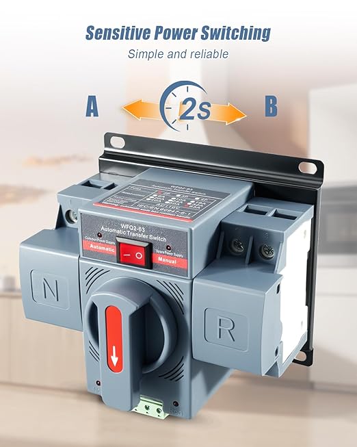 AC110V 6–63A Dual Power Transfer Switch 2Pole ATS Automatic/Manual Changeover Transfer Switch for Home Generator Solar Power System with Auto Selector Over/Under Voltage Protection 50/60Hz