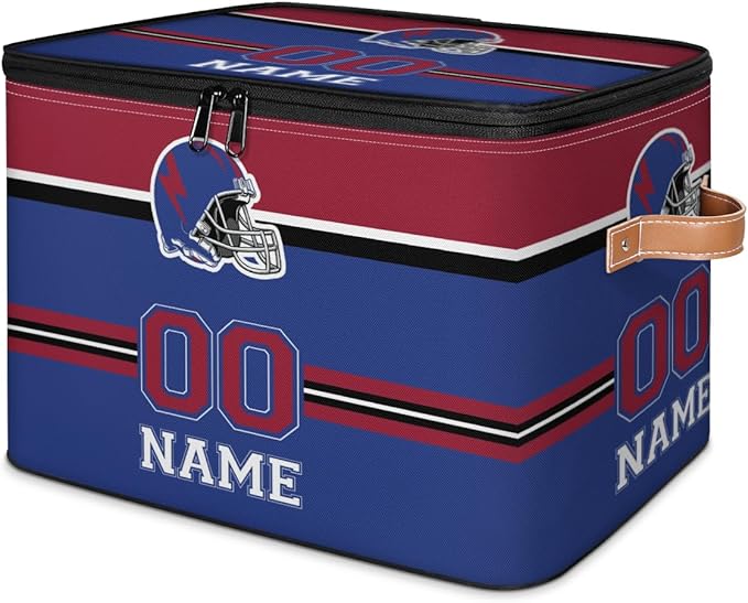 Custom Storage Bins with Zipper Lid Football Personalized Foldable Storage Baskets Closet Shelf Clothes Organizer Cube with PU Leather Handles