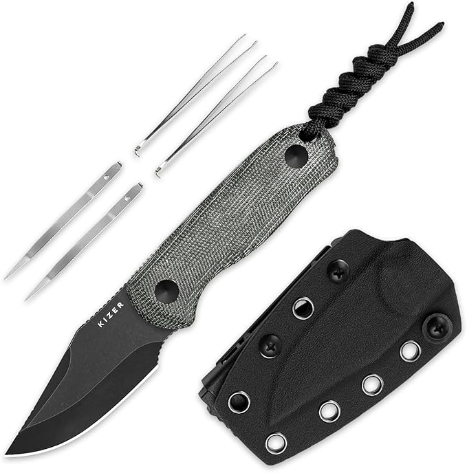 Kizer Drop Bear Fixed Blade Knife 2.6 AEB-L Black Stonewash Blade EDC Camping Knife with Black Micarta Handle &amp Hidden Tools Full Tang Hunting Survival Knives with Adjustable Kydex Sheath 1092