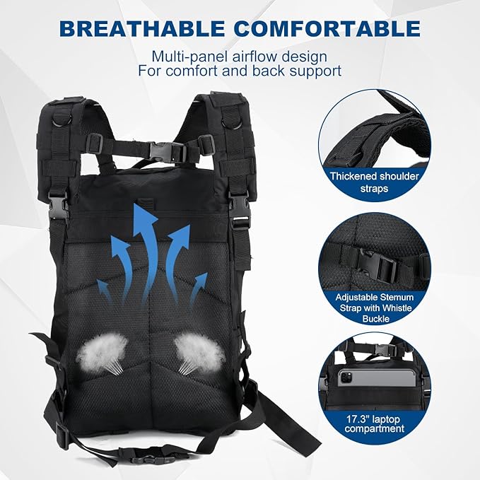 Tactical Backpack for Men 40L Military Molle Backpack Large 3 Day Assault Pack Rucking Backpack for for Hiking Camping Travel Fishing Outdoors (Black)