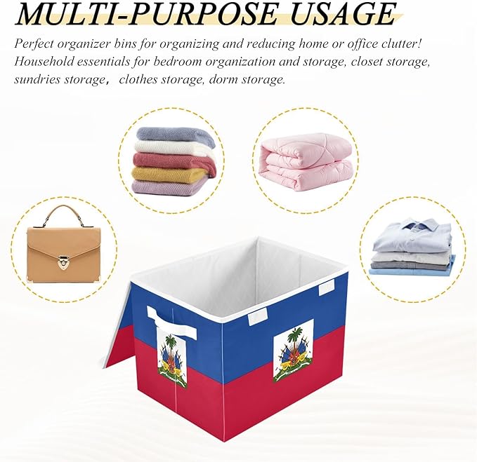 Haiti Flag Haitian National Blue Red Storage Bins with Lids Collapsible Closet Organization Storage Bins with Handles