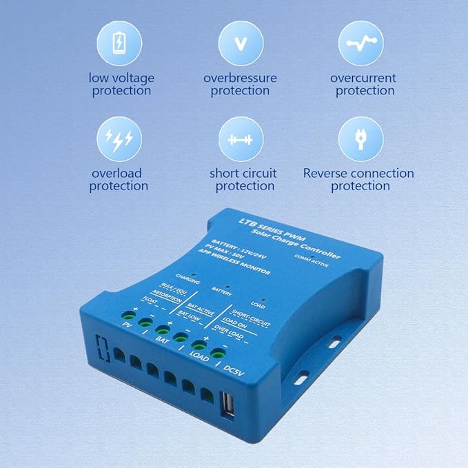 20A Solar Charge Controller 12V/24V Auto with APP Remote Monitoring PWM Solar Panel Regulator for LiFePO4/Lithium/Lead-Acid Batteries &amp USB 5V/1.5A Output | 7 Protections &amp Timer Settings