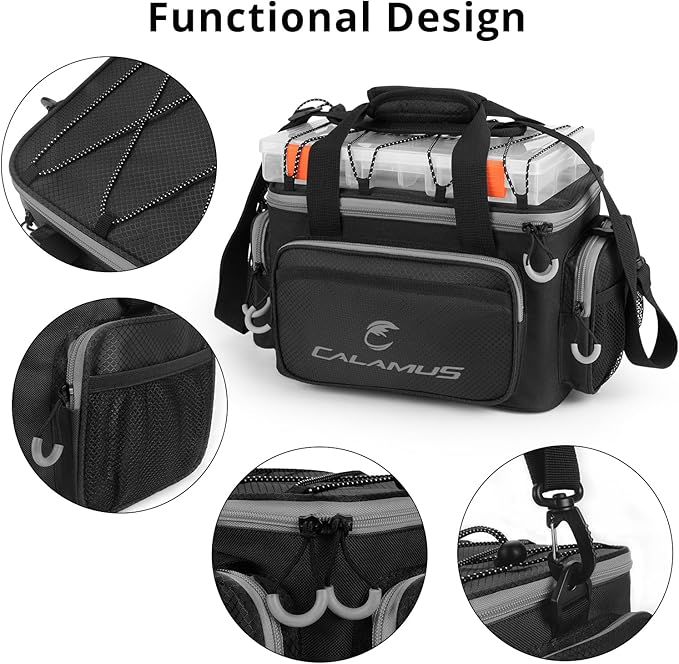 Calamus Fishing Tackle Bags - Saltwater &amp Freshwater Fishing Bags - Rip-Stop PE - Padded Shoulder Strap - Pliers Storage - Black