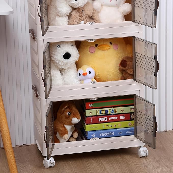 Closet Organizers 4 Tier Stackable Plastic Storage Bins with Lid Moveable Closet Storage Containers on Wheels Foldable Storage Box Cabinet Organizer for Home Office Pantry (3/4 Tiers)