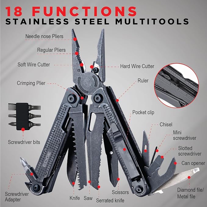 EDGE Multi-Tool Pliers 14-in-1 Stainless Steel Multitool with Knife Saw Scissors Wire Cutter &amp Screwdriver Bits Compact Folding Pocket Tool for Camping Survival Fishing &amp Car Emergency