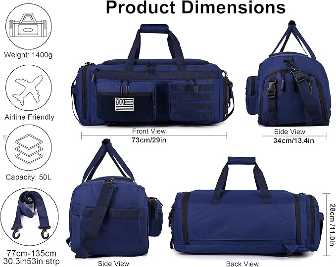 LHI 50L Tactical Duffle Bag for Men 3-in-1 Gym Duffle and Backpack Shoe Compartment Laptop Sleeve and MOLLE Carry-On Travel Weekender and Overnight Bag – Blue