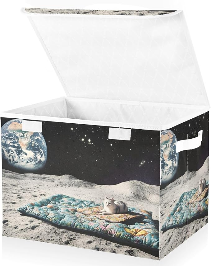 Storage Cube with Lid Cat on The Moon Print 16.5×12.6×11.8 IN Collapsible Large Capacity Foldable Storage Basket Bin Organizer