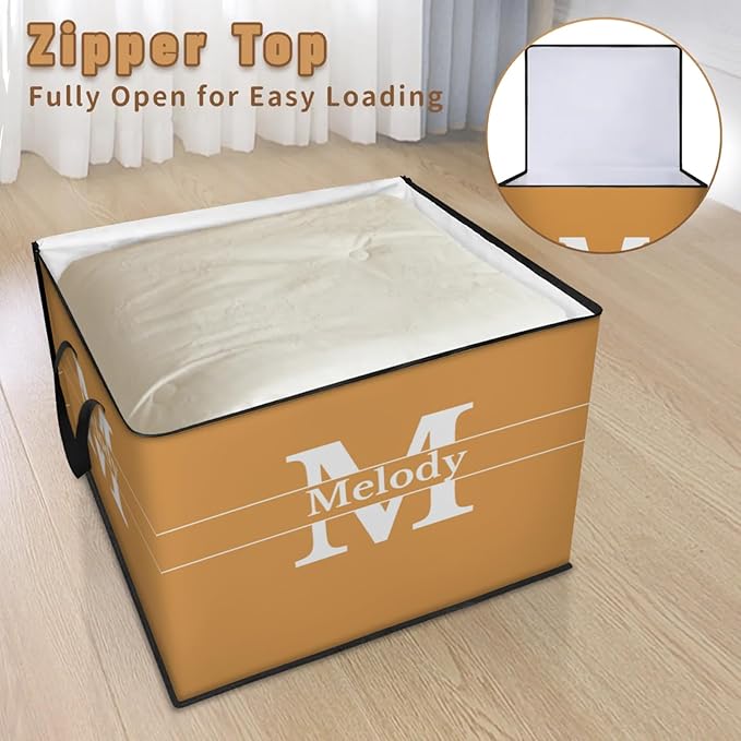 Custom Name Large Storage Bin with Lid Personalized Storage Basket with Zippers for Organizing Comforters Blankets Bedding Closet Shelf Baskets Orange with Initial Letter