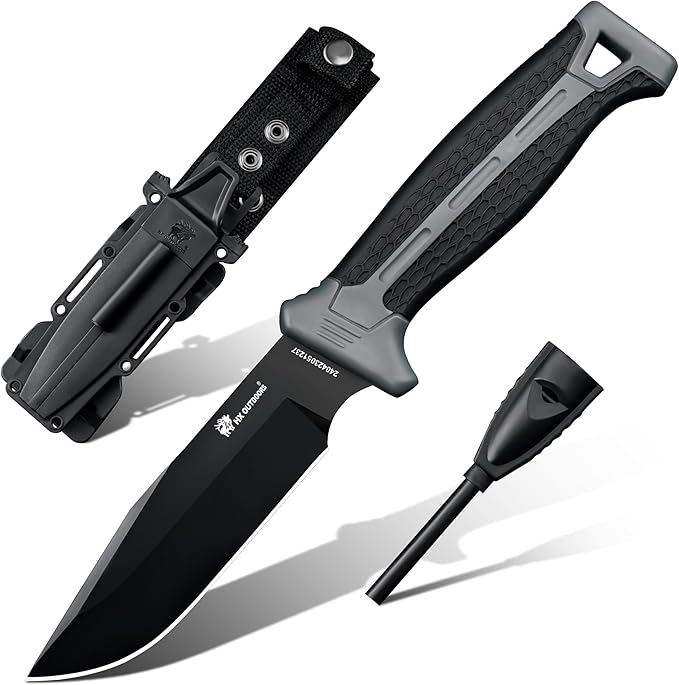 HX OUTDOORS Extra Sharp Bushcraft Knife with Fire Starter Premium D2 Steel Fixed Blade Survival Camping Knife with Ferro Rod Plastic Sheath for Outdoor Hiking Backpacking (Black)