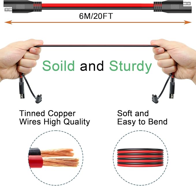 SAE Extension Cable 12AWG 20FT Quick Disconnect Connector With Polarity Reverse Adapter for Trolling Motor RV Motorcycle Cars Tractor