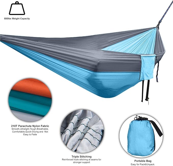 Double Camping Hammock Portable Indoor Outdoor Tree Hammock with 2 Hanging StrapsLightweight Nylon Parachute Hammocks for Backpacking Travel(Sky blue/Grey)