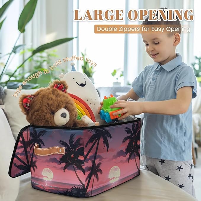 Storage Bins with Lids Palm Tree Beach Storage Basket Clothes Organizer with Handles Closet Storage Containers for Clothing Bedding Blanket