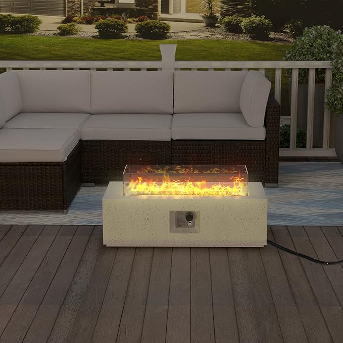 HOMPUS Outdoor Propane Fire Pit 50000 BTU 42-inch x 17-inch Rectangle Concrete Gas Fire Table Outside Smokeless Firepit Furniture with Wind GuradLava Rocks and Rain Cover for GardenDeckBackyard