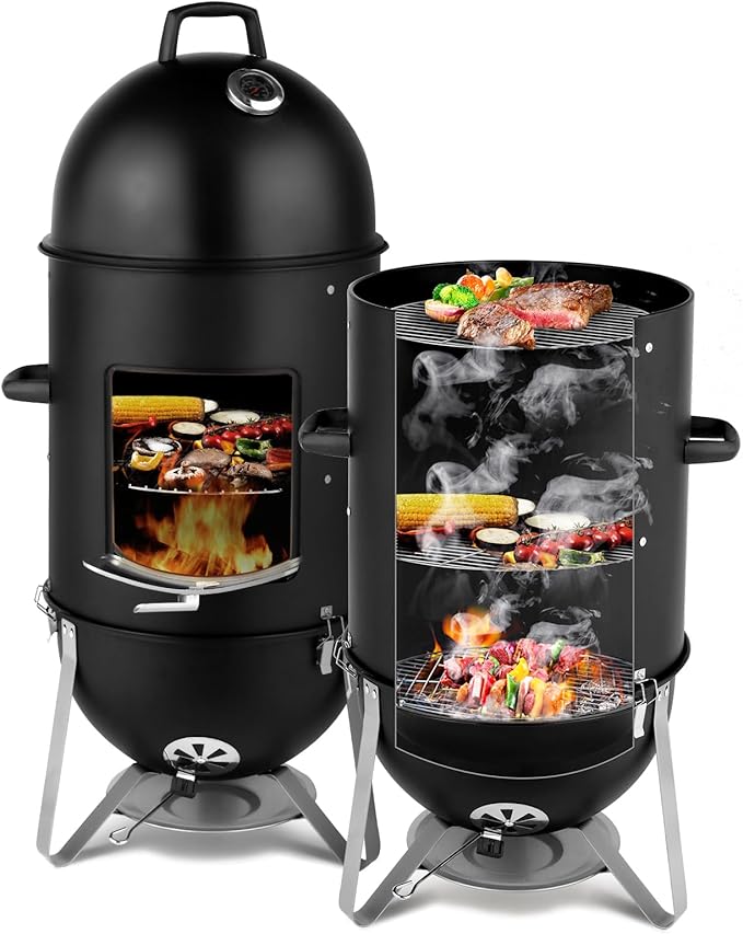 46.8 Vertical Steel Charcoal Smoker GrillHeavy Duty BBQ GrillsOutdoor Camping Backyard Barbecue GrillMetal Barbecue Smokerswith Thermometerfor Patio Garden Beach Porch Lawn Yard (Black)