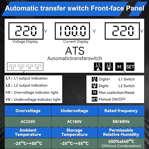 100A 220V Automatic Transfer Switch 2P Dual Power Select Interruptor Electrical Changeover Switch with LED Display Mini ATS Din Rail Mount 50/60Hz CE Certified for Home Backup Power