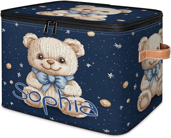 Custom Storage Basket with Name Personalized Storage Bins with Zipper Lid Foldable Fabric Storage Box Large capacity with Handle Starry Sky Bear