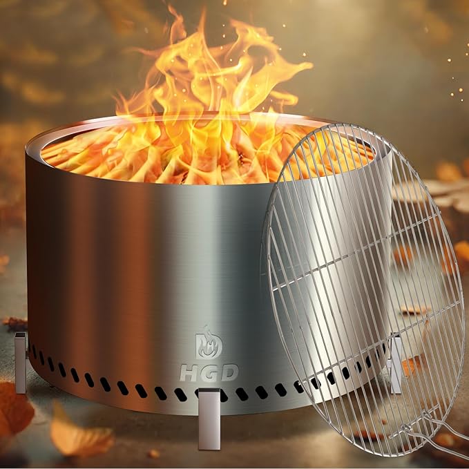 HGD 28 Smokeless Firepit with Stand &amp Grill Rack Large Stainless Steel Wood Burning Fire Pit for Friends &amp Family Gatherings Secondary Combustion Outdoor Patio Stove for Garden BBQ &amp Bo