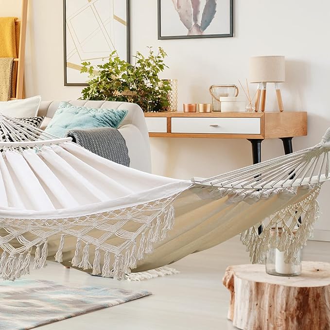 MOSFiATA Backyard Hammock with Tassels Max 500lbs Canvas Fabric Bohemian Style with Thickened Rope and Carry Bag for Outdoor Garden Patio Wedding Decor (White)