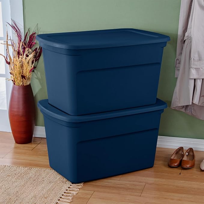 Sterilite 24-Pack Tote Plastic Storage Bins with Snap Lids 30 Gallon Marine Blue - Stackable Home Organizers with In-Molded Handles for Bedroom Garage Basement and Attic
