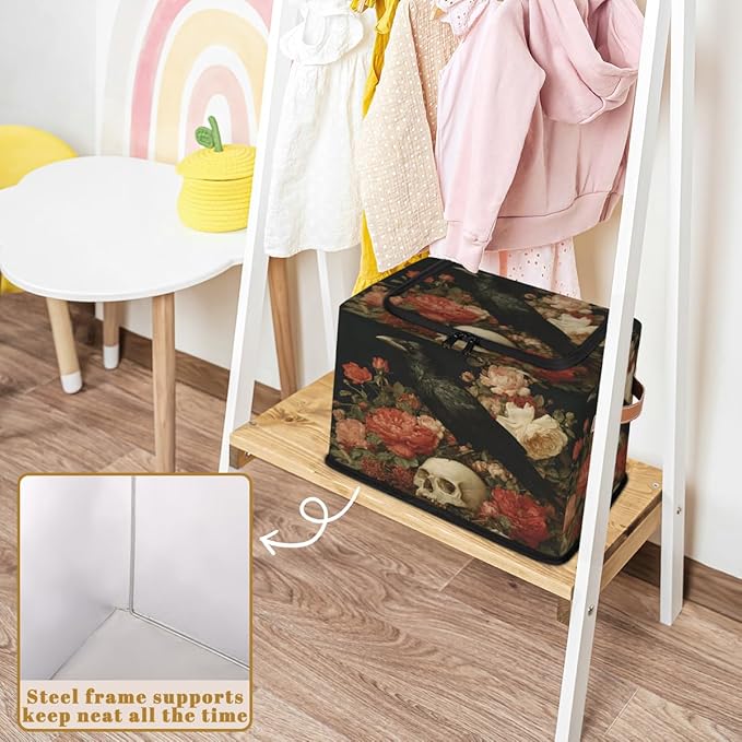 Halloween Raven Storage Bins with Lids Skull Floral Collapsible Cube Storage Basket with Leather Handle Foldable Storage Box with Lids for Organizing Home Closet