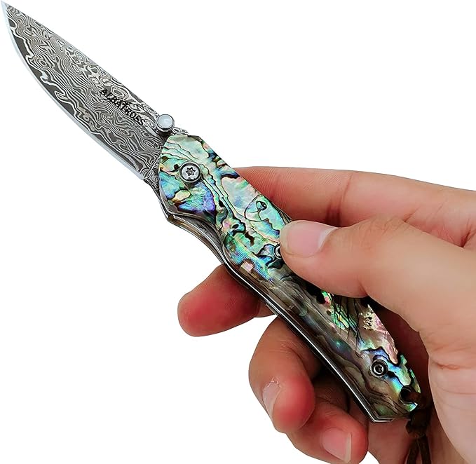 Father's Day Mother's Day &amp Birthday Gift for Him Her - ALBATROSS Folding Pocket Knife - 6.5 Damascus Steel Blade with Abalone Seashell Handle Handcrafted 71-Layer Modern Knife with Liner Lock