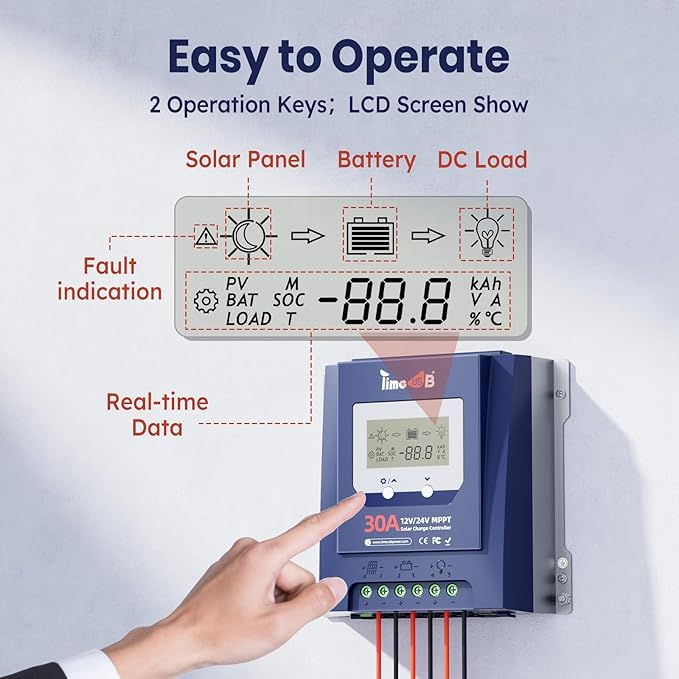 Timeusb 30 Amp MPPT 12V/24V/Auto DC Input Solar Charge Controller 99% MPPT Tracking Efficiency and Fast Charging 50V MPPT Controller with LCD Screen for Solar Panel Systems
