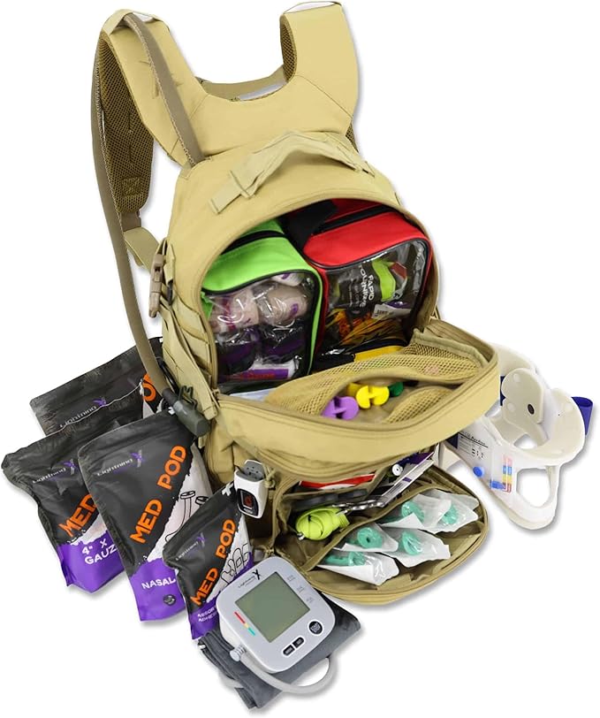 Lightning X Stocked Modular Trauma &amp Bleeding First Aid Responder Medical Backpack + Kit (Tan w/Hydration Bladder)